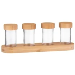 B&M Set Of 4 Glass Spice Jars With Bamboo Wood Base